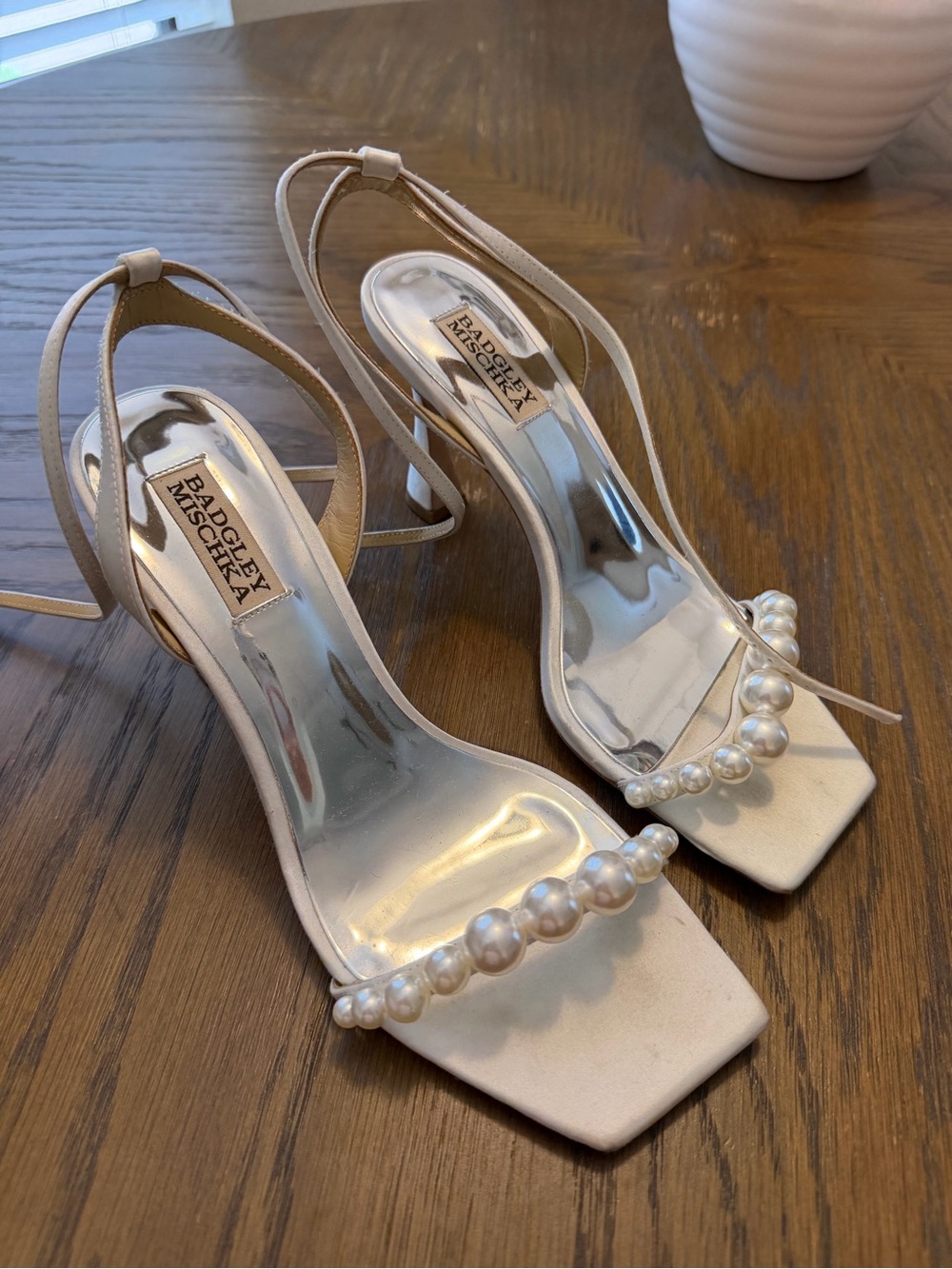 Badgley Mischka Ivory Satin Pearl-Trim Slingback Heels